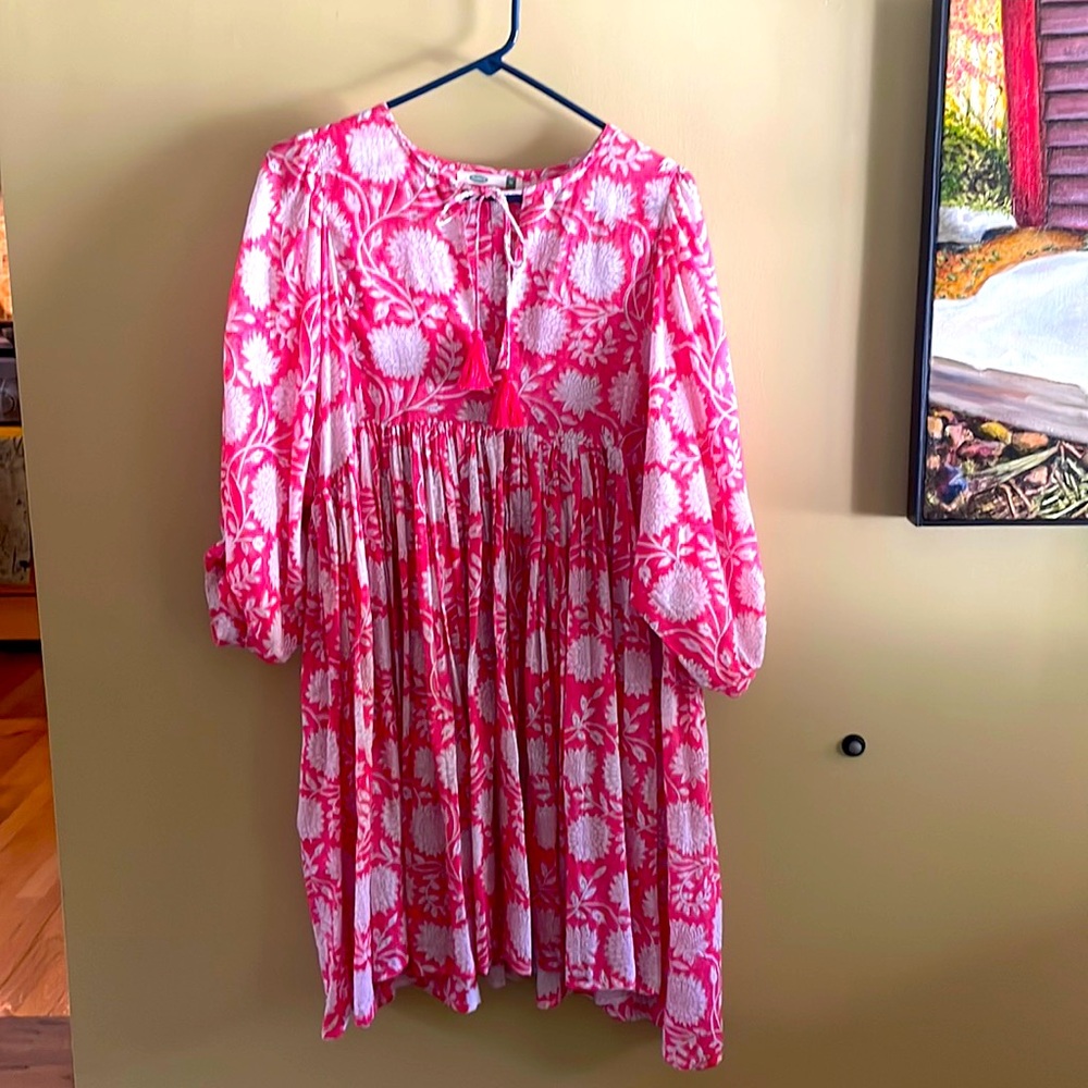 Cotton Block print dress, coral and breezy, knee length, M